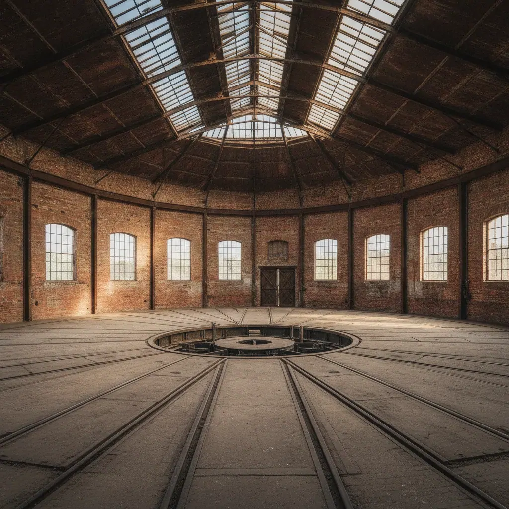Intérieur d'une rotonde ferroviaire et sa charpente métallique rayonnante