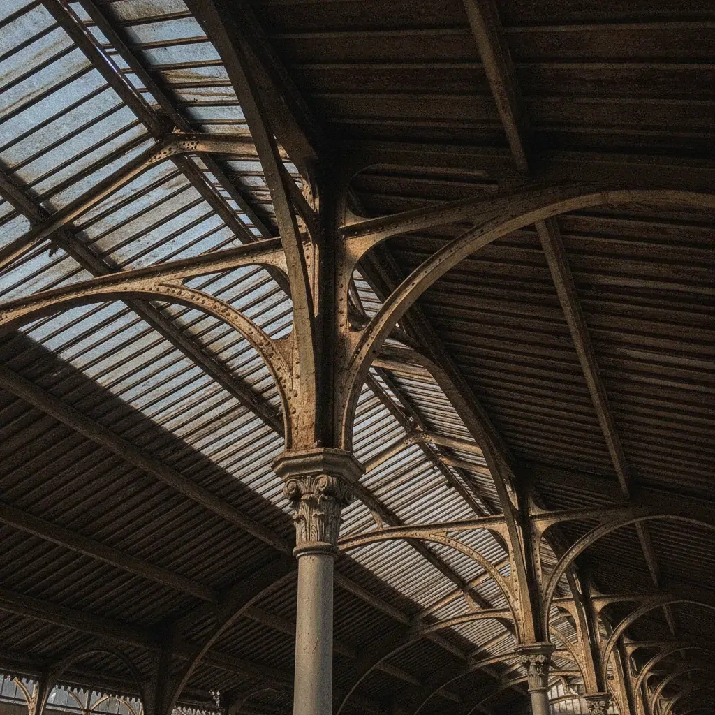 Charpente métallique d'une marquise de gare vue depuis le quai