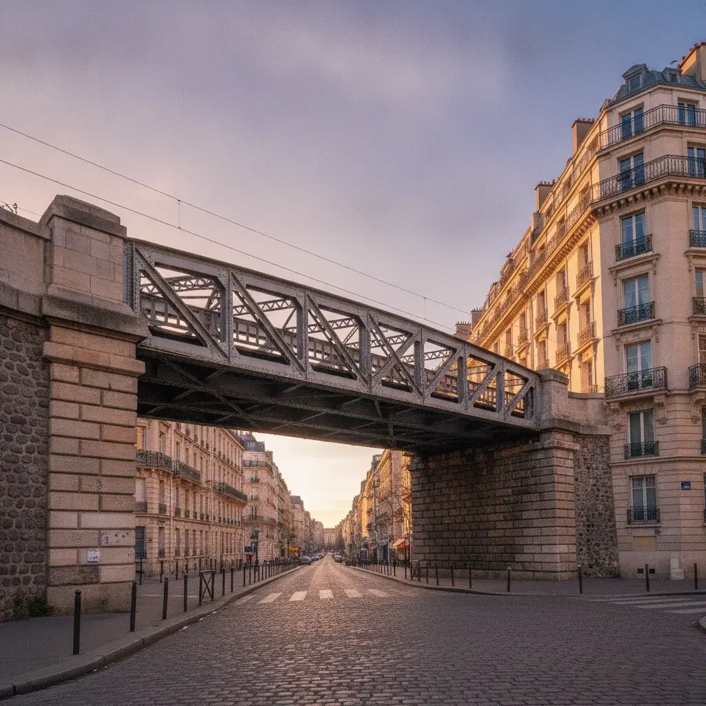 Pont métallique riveté de la Petite Ceinture au-dessus d'une rue parisienne