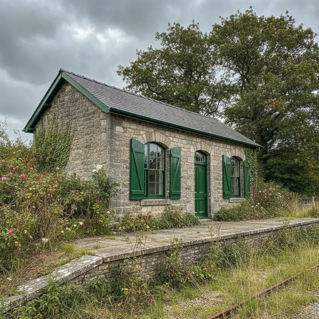 Ancienne gare de campagne en pierre reconvertie, quai encore visible