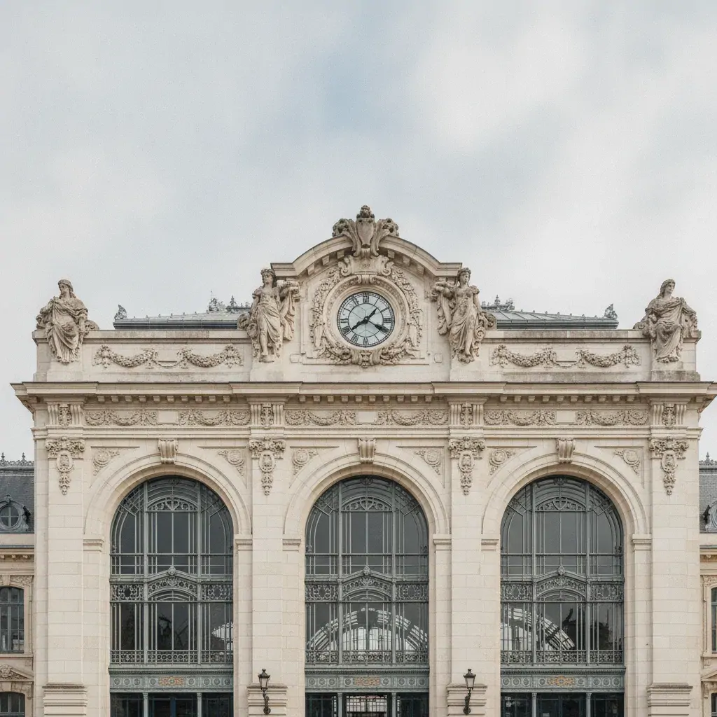 Façade en pierre de taille d'une gare parisienne construite vers 1900