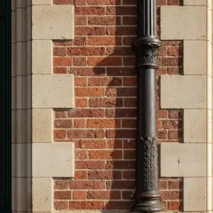 Détail d'un mur de gare associant brique rouge, pierre de taille et fonte