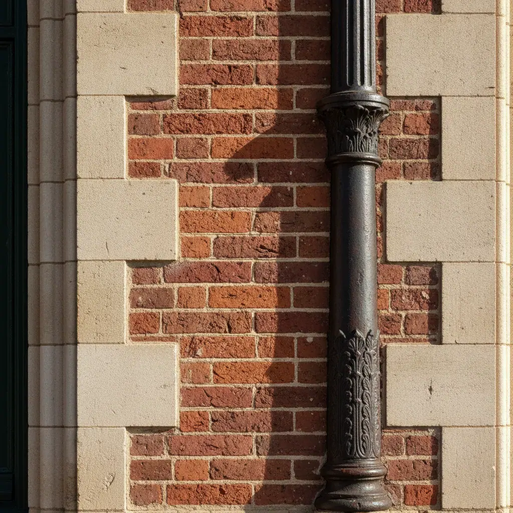 Détail d'un mur de gare associant brique rouge, pierre de taille et fonte