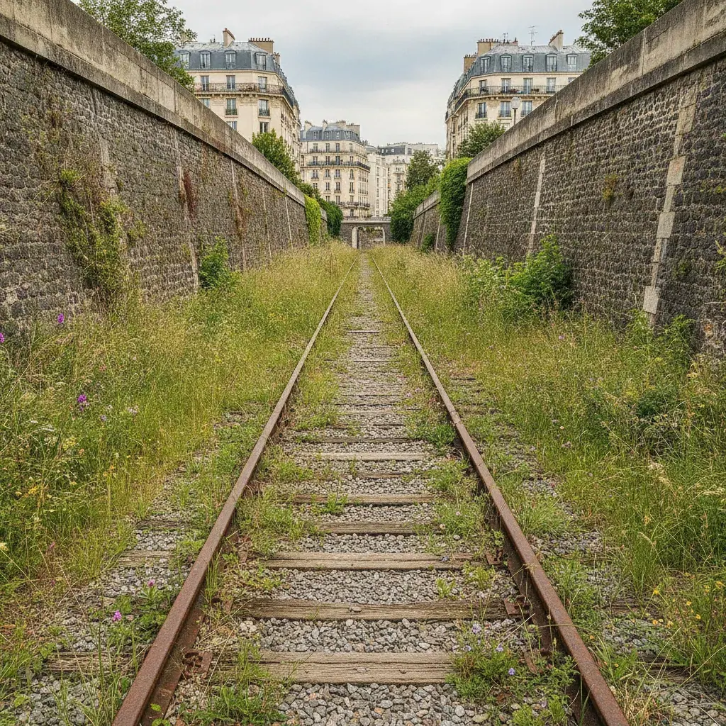 Section de la Petite Ceinture avec voie ferrée conservée envahie de végétation