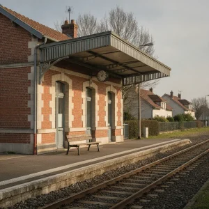 Petite gare de banlieue en brique avec sa marquise et son quai