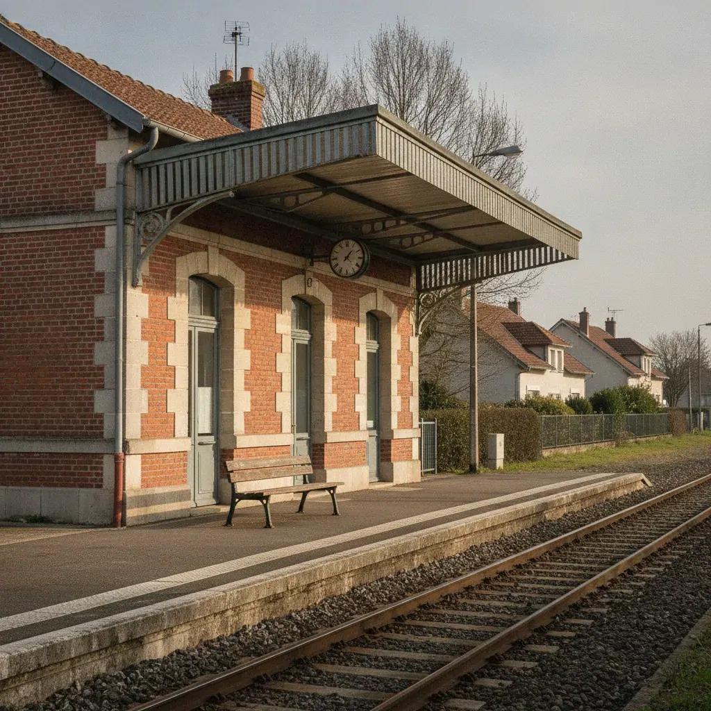 Petite gare de banlieue en brique avec sa marquise et son quai