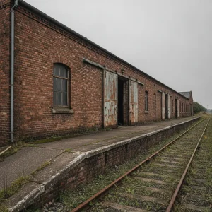 Ancienne halle à marchandises en brique le long d'une voie ferrée, avec ses portes coulissantes