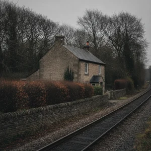 Petite maison de garde-barrière en pierre enduite au bord d'une voie ferrée, son pignon tourné vers les rails
