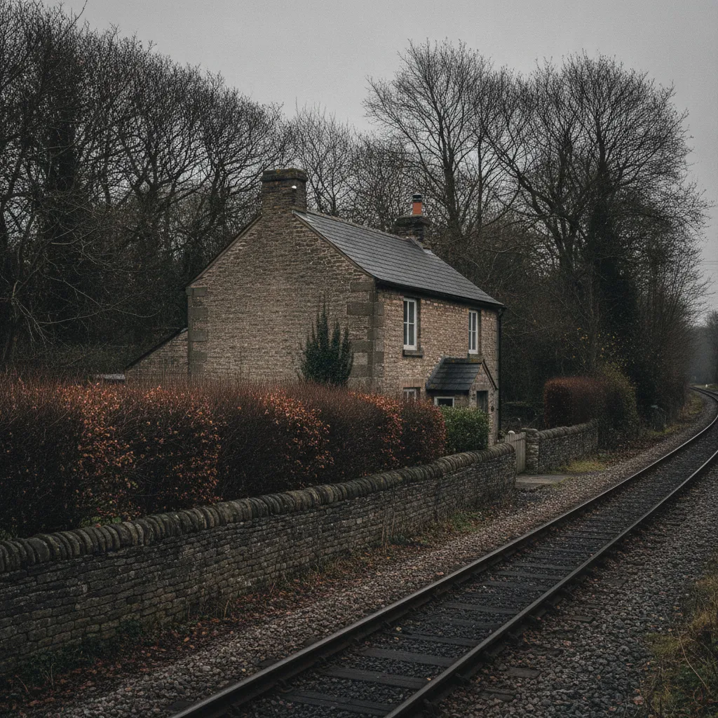 Petite maison de garde-barrière en pierre enduite au bord d'une voie ferrée, son pignon tourné vers les rails