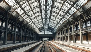 Halle métallique et verrière d'une grande gare parisienne du XIXe siècle, quais vides sous les arcs rivetés (illustration)