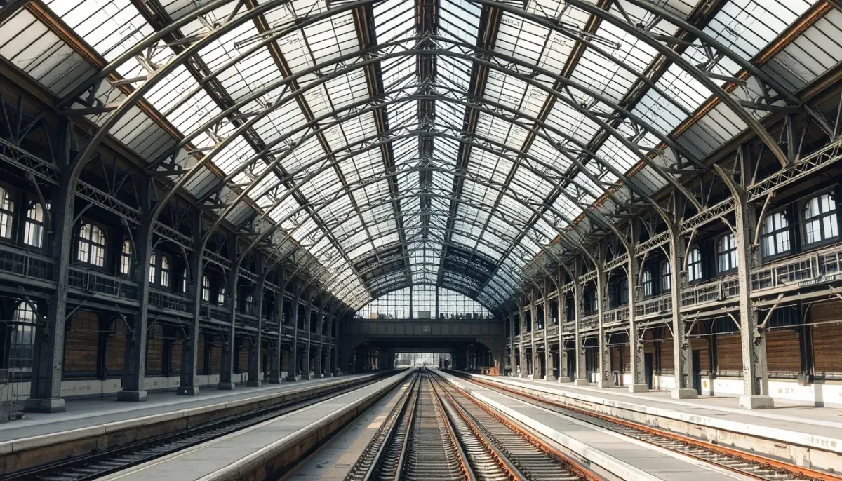 Halle métallique et verrière d'une grande gare parisienne du XIXe siècle, quais vides sous les arcs rivetés (illustration)